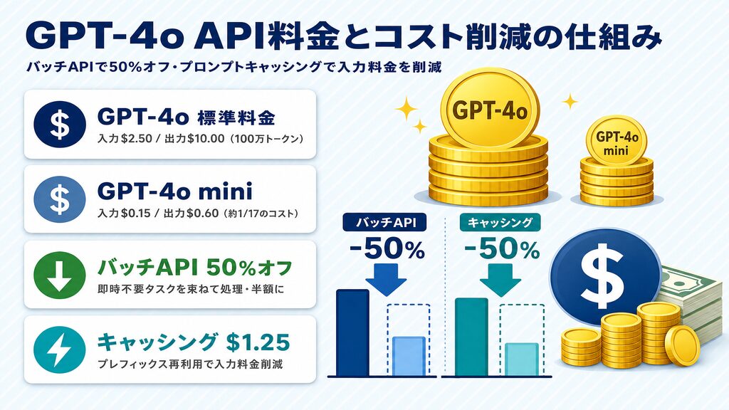 GPT-4o API料金とコスト削減の仕組み：GPT-4o標準料金（入力$2.50/出力$10.00）とGPT-4o mini（$0.15/$0.60）の比較、バッチAPI50%オフ・プロンプトキャッシングによる削減図