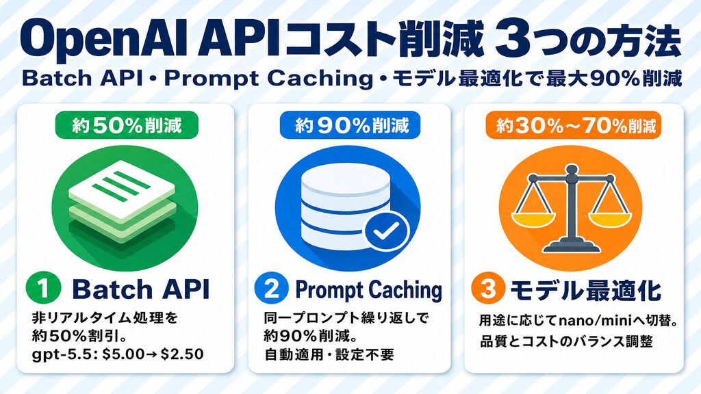 OpenAI APIコスト削減3つの方法（Batch API・Prompt Caching・モデル最適化と各削減率）