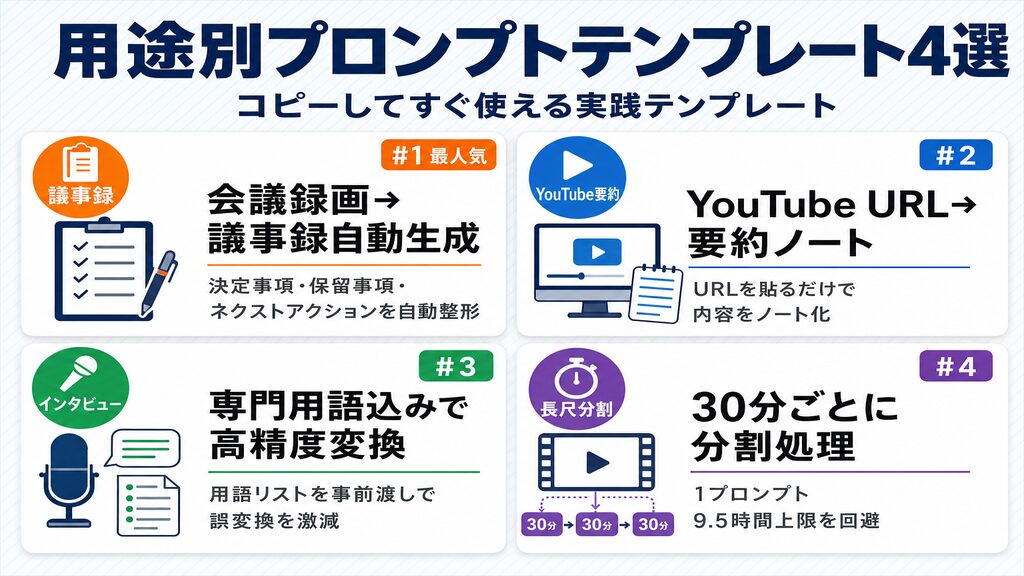 Google AI Studio文字起こし用途別プロンプトテンプレート4選（議事録自動生成・YouTube要約・インタビュー文字起こし・長尺分割処理）の解説カード