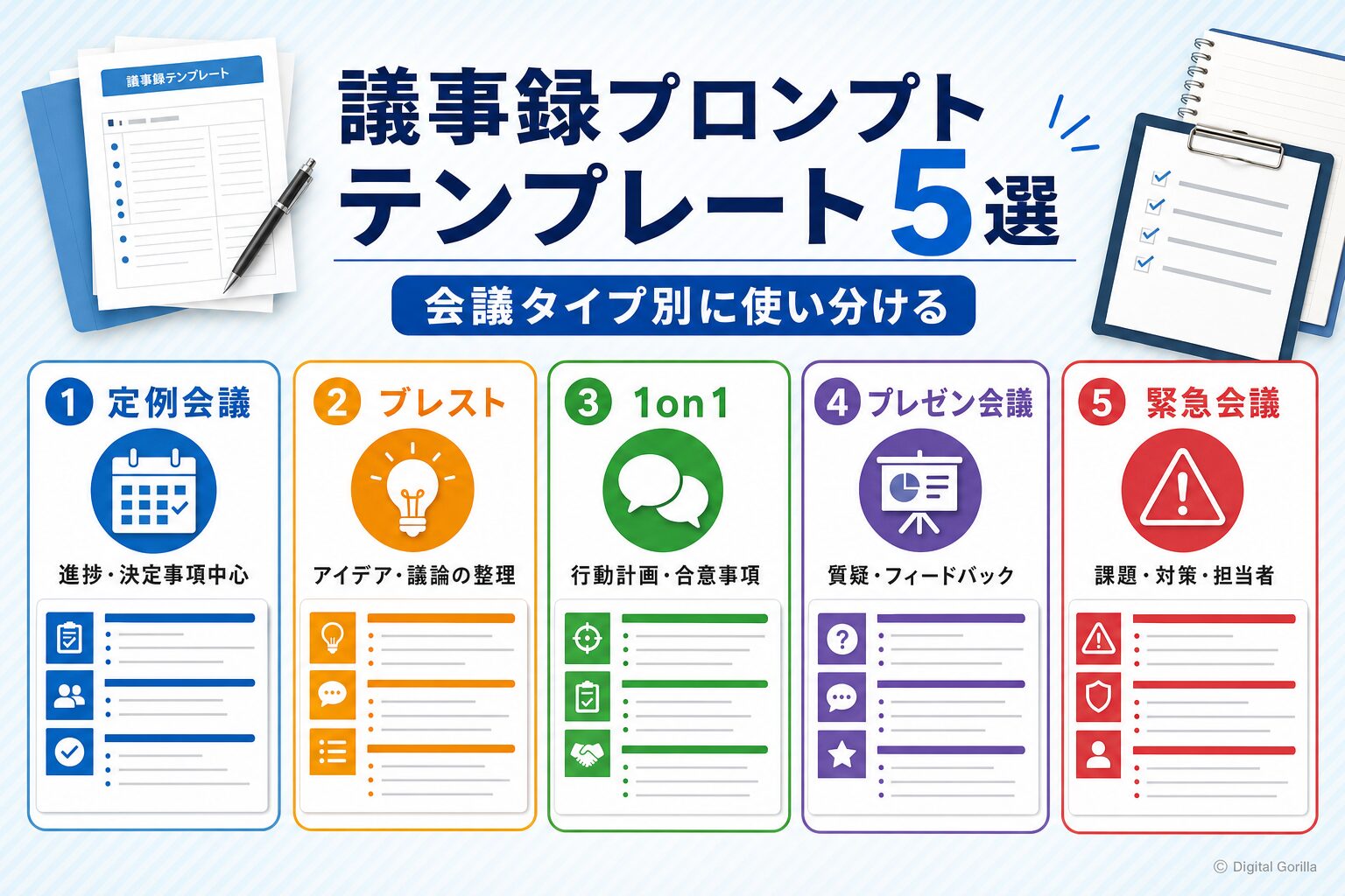 議事録作成に使えるChatGPTプロンプトテンプレート5パターンの会議タイプ別マッピング