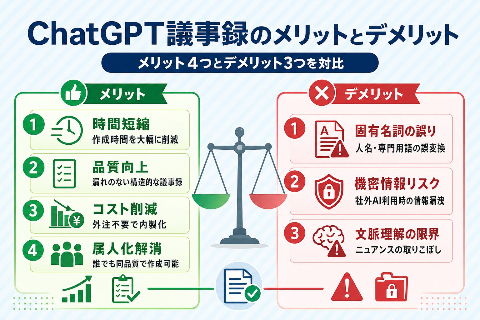 ChatGPTで議事録を作成するメリット4つとデメリット3つの対比図