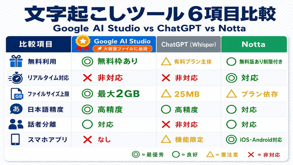 文字起こしツール6項目比較表（Google AI Studio vs ChatGPT Whisper vs Notta：無料利用・リアルタイム対応・ファイルサイズ上限・日本語精度・話者分離・スマホアプリを比較）