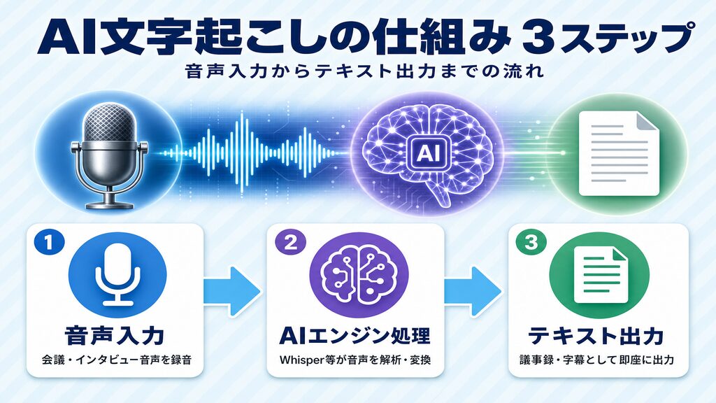 AI文字起こしの仕組み3ステップ:音声入力からAIエンジン処理・テキスト出力まで