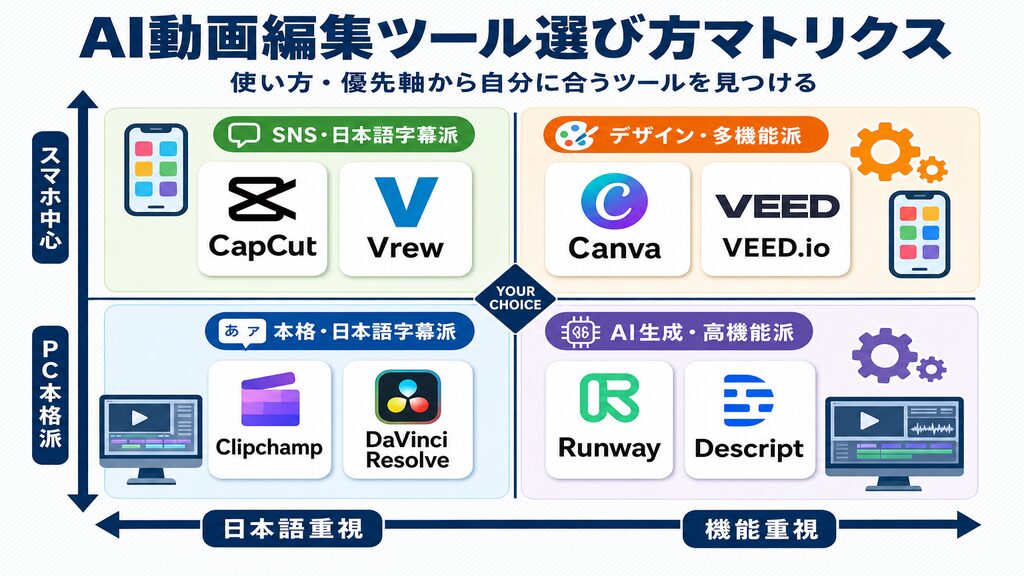 AI動画編集ツール選び方マトリクス|スマホ中心vsPC本格派・日本語重視vs機能重視で最適ツールを選ぶ