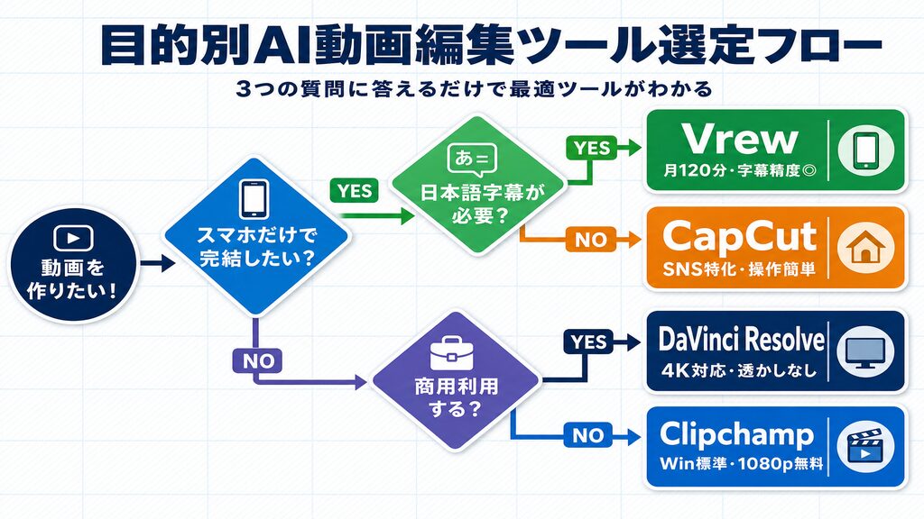 目的別AI動画編集ツール選定フロー|スマホ派・日本語字幕・商用利用の3分岐でVrew・CapCut・DaVinci Resolve・Clipchampを選ぶ