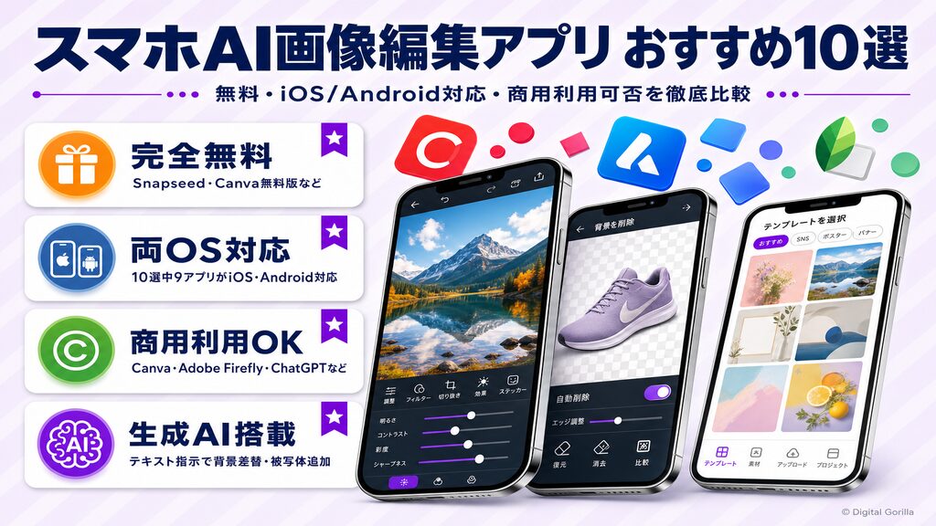 スマホAI画像編集アプリおすすめ10選 無料・iOS/Android対応・商用利用可否の比較表