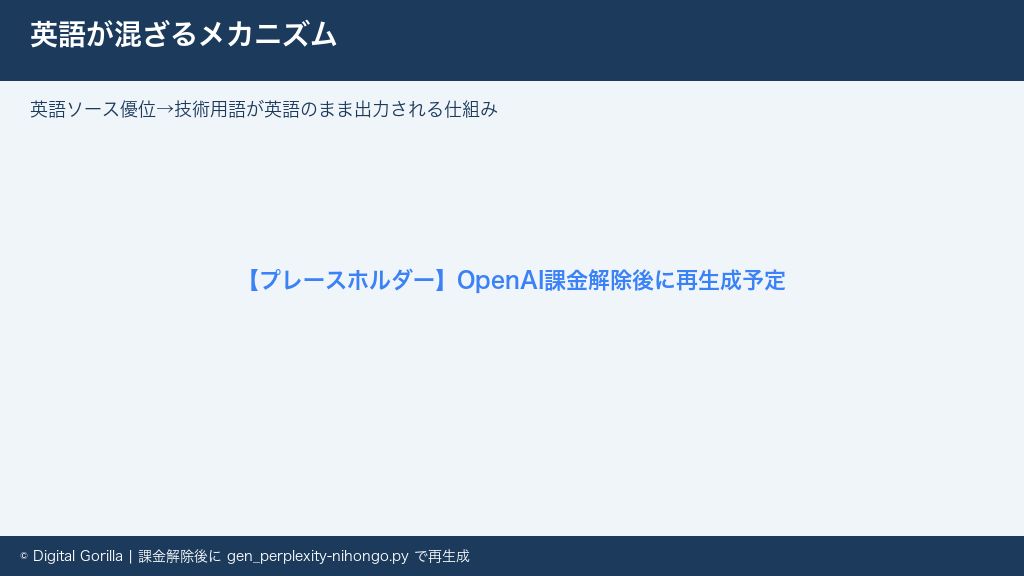 Perplexityで回答に英語が混ざるメカニズムを概念図で解説（英語ソース優位から技術用語が英語のまま出力される仕組み）