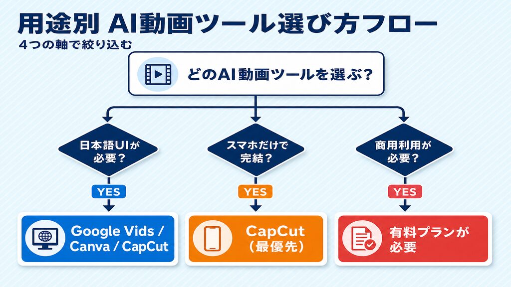 用途別AI動画ツール選び方フロー（日本語UI・スマホ・商用利用で絞り込む）