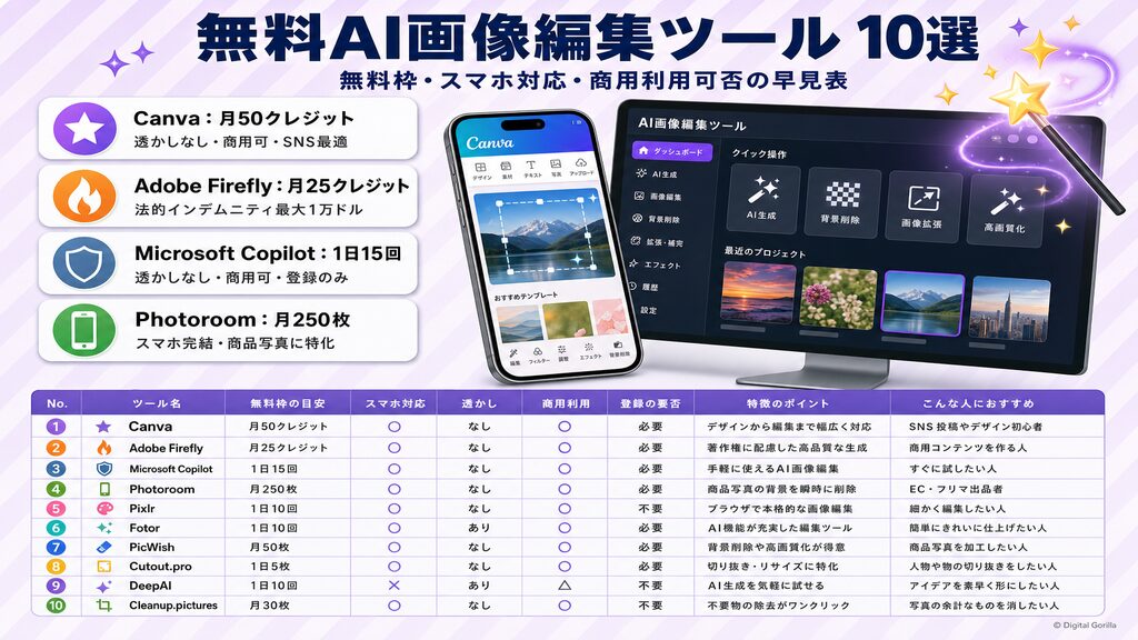 無料AI画像編集ツール10選・無料枠・スマホ対応・商用利用可否を一覧化した比較表
