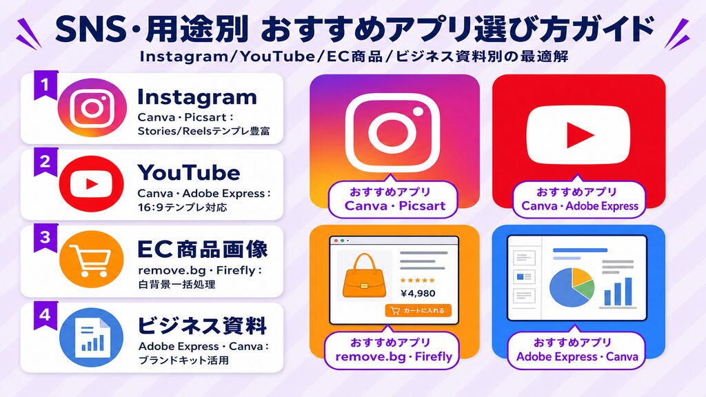 SNS・用途別AI画像編集アプリ選び方ガイド Instagram/YouTube/ECサイト/ビジネス資料の推奨アプリ比較