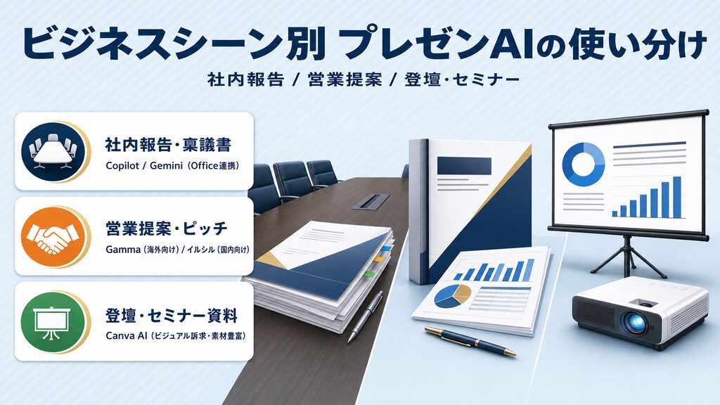 ビジネスシーン別プレゼンAIの使い分け:社内報告はCopilot・営業提案はGammaとイルシル・登壇資料はCanva AI