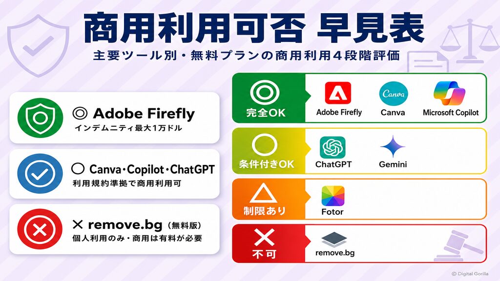 AI画像編集ツール別・商用利用可否早見表・◎完全OK○条件付き△制限あり×不可の4段階評価