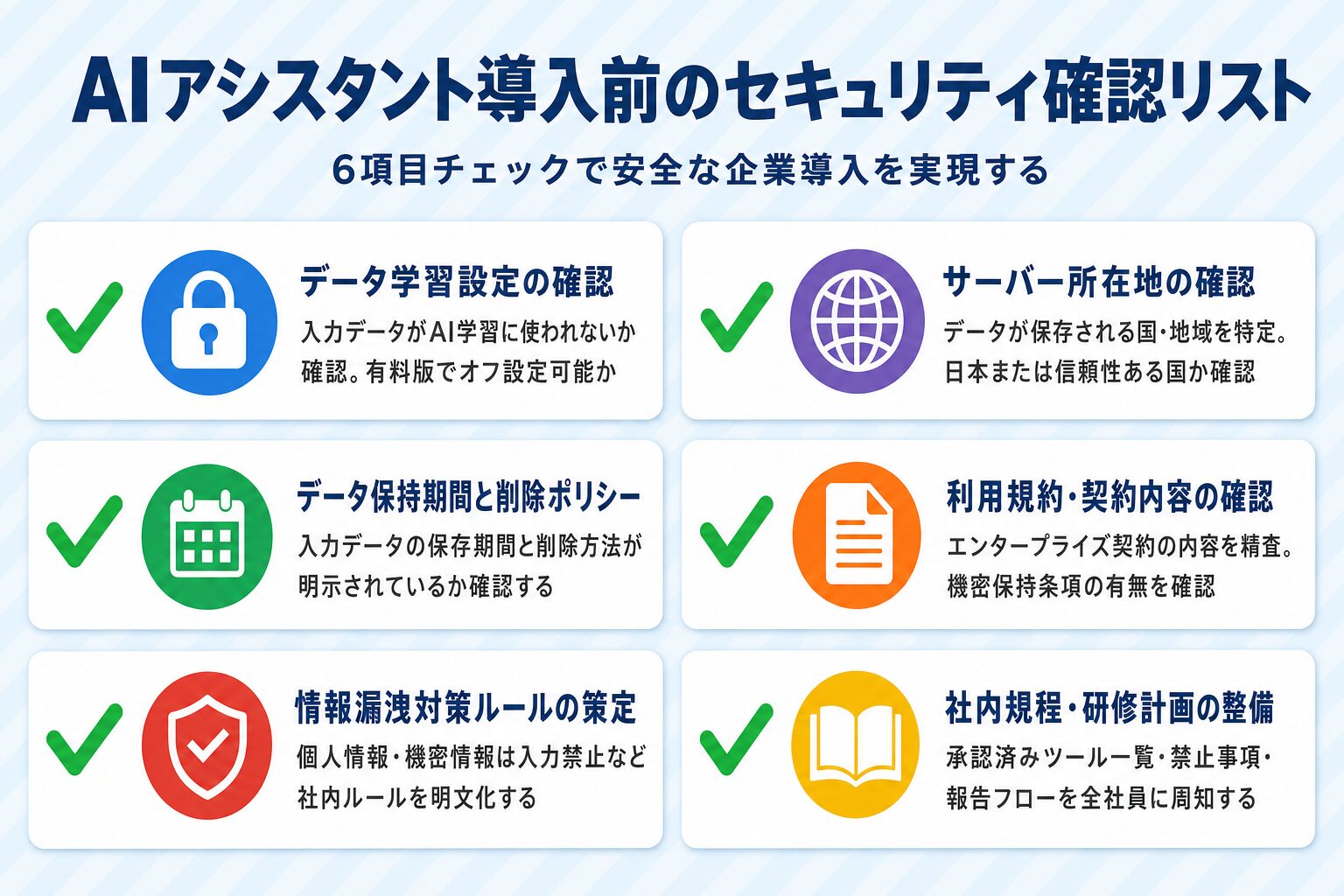 AIアシスタント企業導入前のセキュリティ確認6項目チェックリスト(データ学習設定・サーバー所在地・利用規約・情報漏洩対策・社内規程)