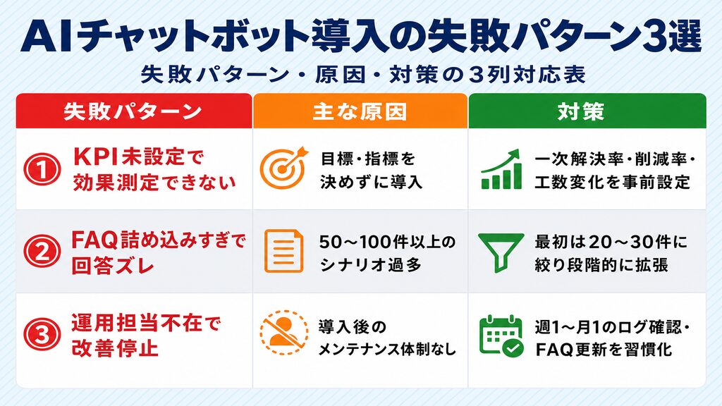AIチャットボット導入失敗パターン3選と原因・対策の対応表（KPI未設定・シナリオ詰込み・運用担当不在）