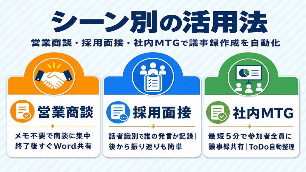 AI議事録取れる君のシーン別活用法：営業商談・採用面接・社内MTGでの議事録自動化3パターン