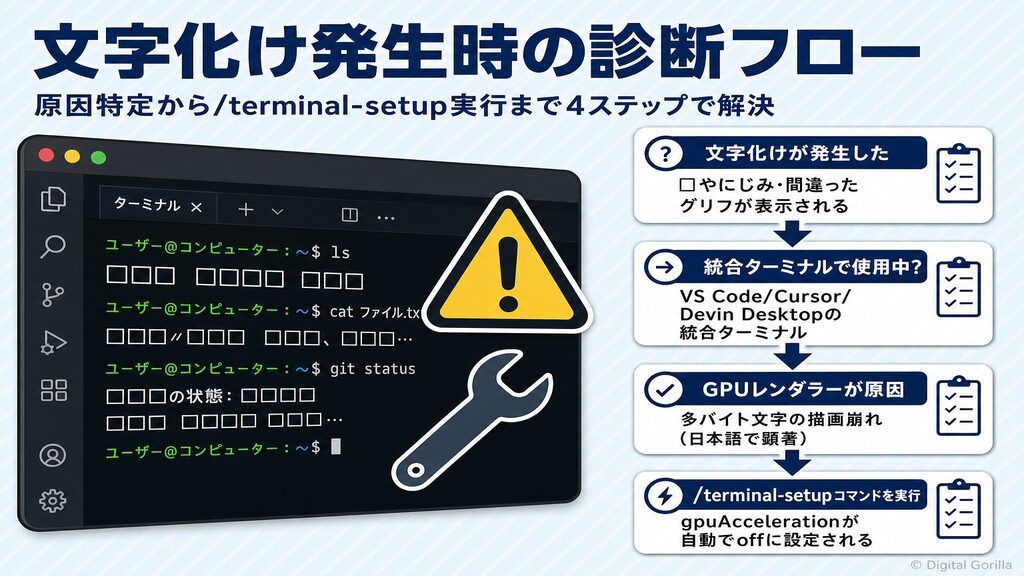Claude Code文字化け発生時の診断フロー（統合ターミナル→GPUレンダラー→/terminal-setup実行）