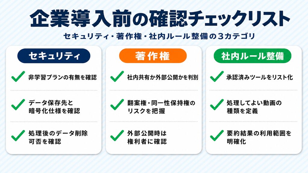 企業が動画要約AIを導入前に確認すべきチェックリスト：セキュリティ・著作権・社内ルール整備の3カテゴリ