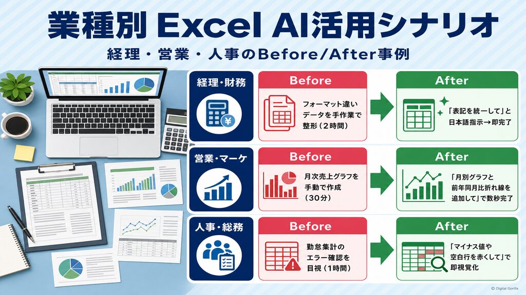 経理・営業・人事の業種別 Excel AI活用シナリオ Before/After比較