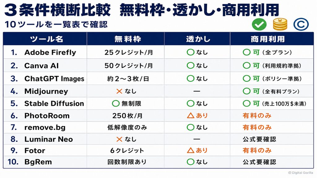 画像編集AI10ツール無料枠・透かし・商用利用3条件横断比較マトリクス