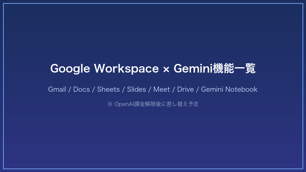 Google Workspace×Gemini機能一覧：Gmail・Docs・Sheets・Slides・Meet・Drive・Gemini Notebookの各アプリで使えるGemini AI機能を比較