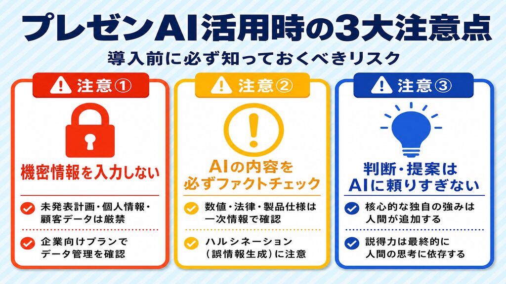 プレゼンAI活用時の3大注意点：機密情報の入力禁止・ハルシネーション対策・独自判断の維持