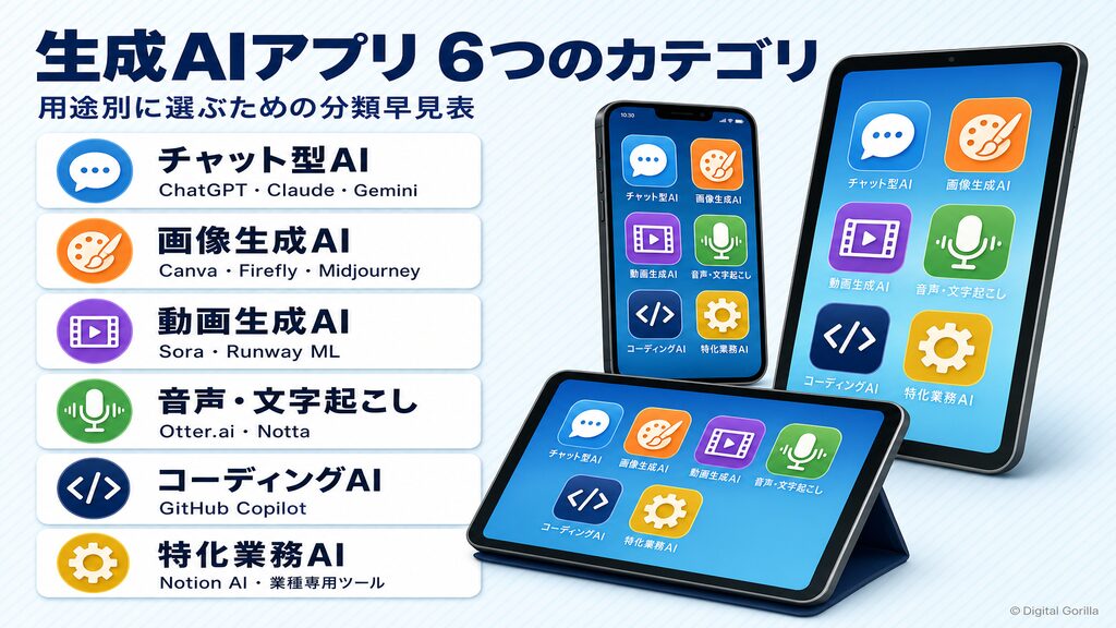 生成AIアプリの6カテゴリ一覧(チャット型・画像生成・動画生成・音声/文字起こし・コーディング・特化業務型)