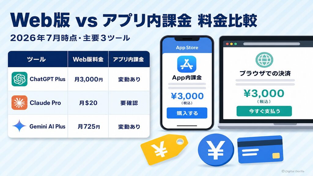 ChatGPT・Claude・GeminiのWeb版料金 vs アプリ内課金比較(2026年7月時点)