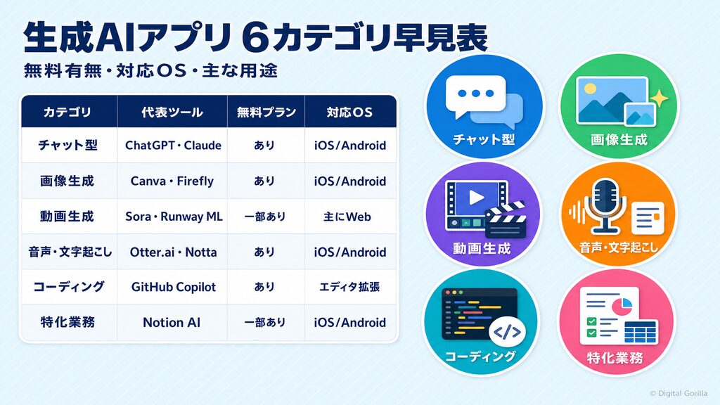 生成AIアプリ 6カテゴリ×代表ツール早見表(無料有無・対応OS・主な用途)