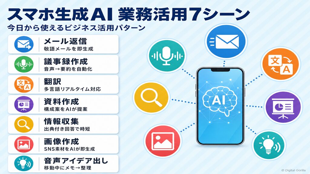 スマホ生成AIアプリの業務活用シーン7選(メール返信・議事録作成・翻訳・資料作成・情報収集・画像作成・音声入力アイデア出し)