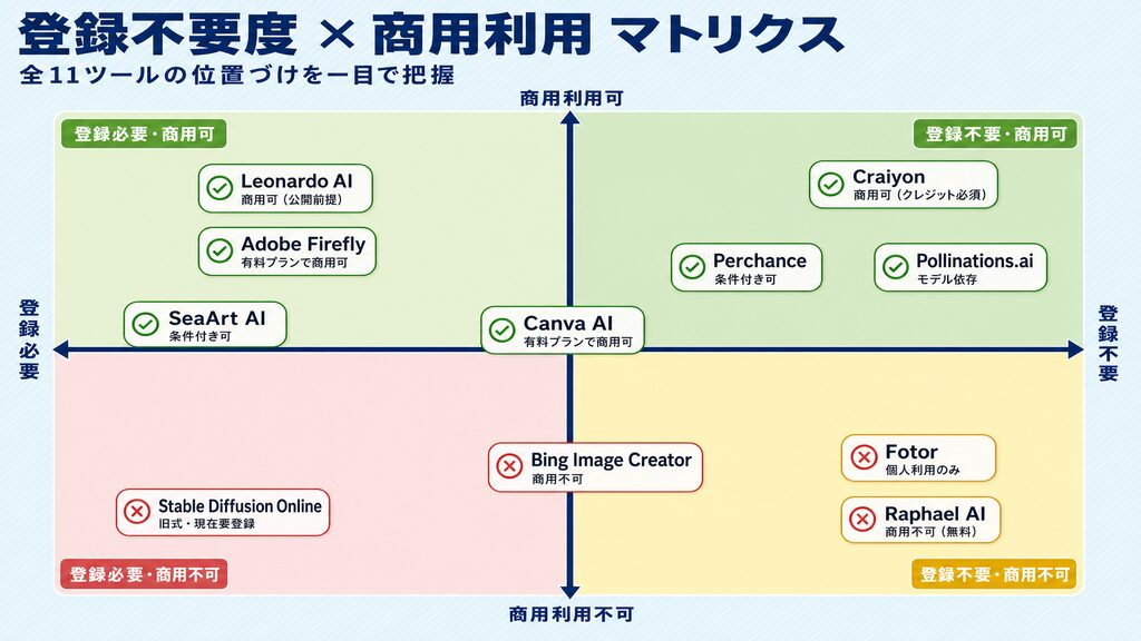 ai画像生成サイト無料・登録不要度×商用利用条件の全11ツール2軸マトリクス早見表