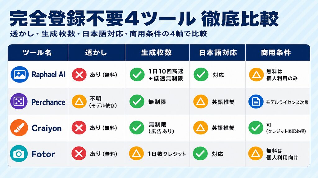 完全登録不要AI画像生成4ツール（Raphael AI・Perchance・Craiyon・Fotor）の透かし・枚数・日本語対応・商用条件比較