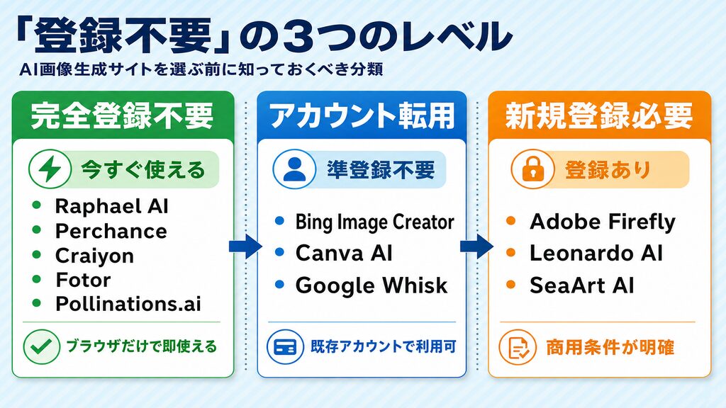 AI画像生成サイトの「登録不要」3段階（完全不要・アカウント転用・新規登録）分類図