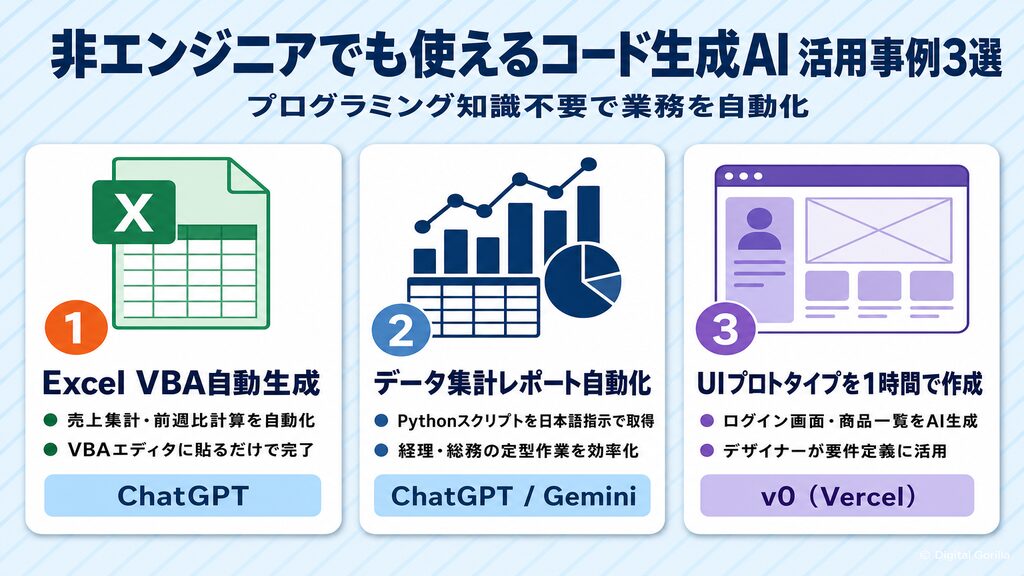 非エンジニアでも使えるコード生成AI活用事例3選：Excel VBA自動生成・データ集計レポート自動化・UIプロトタイプ作成