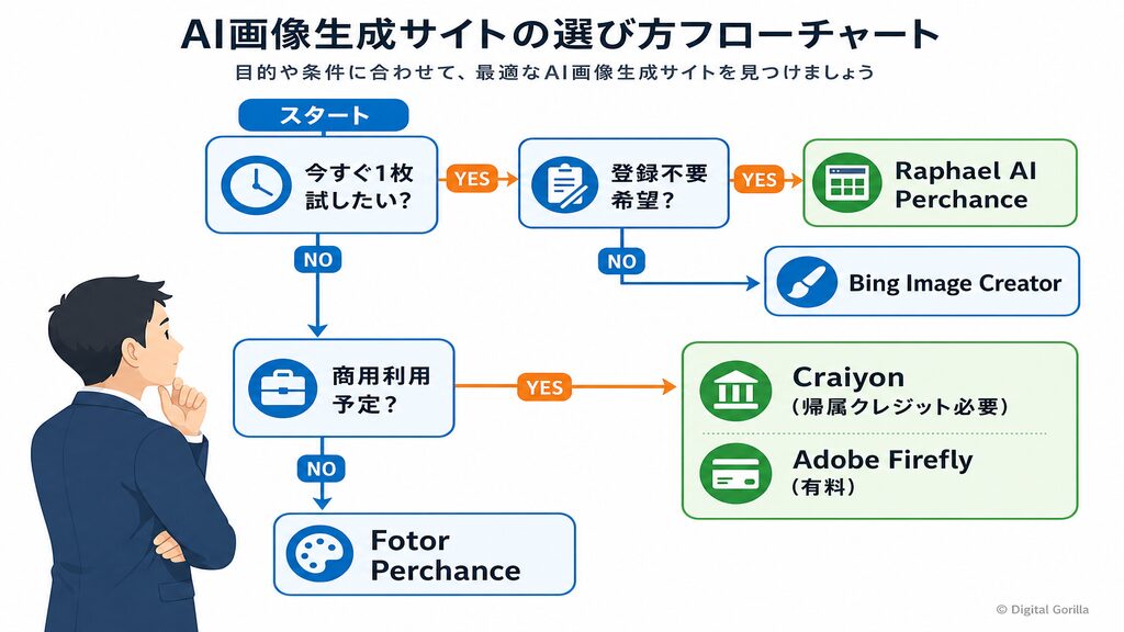 AI画像生成サイト選び方フローチャート：登録不要・商用利用・用途別のおすすめルート
