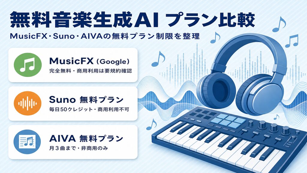 無料音楽生成AIプラン比較：MusicFX・Suno・AIVAの無料プラン制限・商用利用可否を整理した比較カード