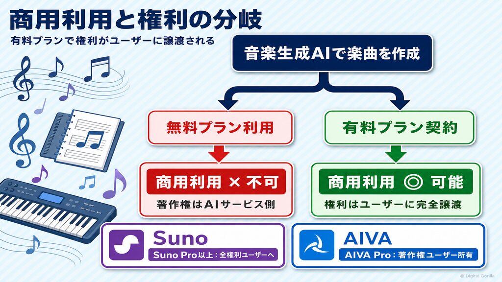 音楽生成AIの商用利用と著作権フロー：有料プランで権利がユーザーに譲渡される仕組みを分岐図で解説