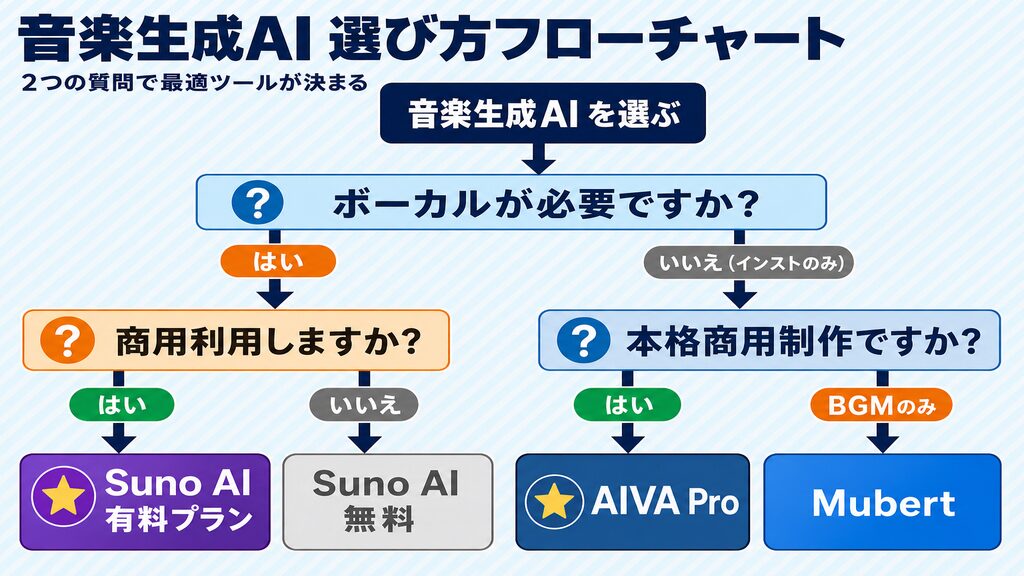 音楽生成AI選び方フローチャート：ボーカルが必要か・商用利用するかの2軸でSuno・AIVA・Mubertを選択