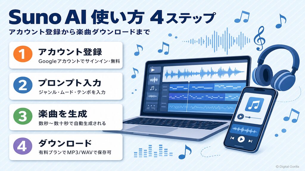 Suno AI使い方4ステップ：アカウント登録・プロンプト入力・楽曲生成・ダウンロードをカードで解説