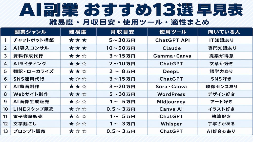 AI副業おすすめ13選：難易度・月収目安・使用ツール・適性まとめ早見表