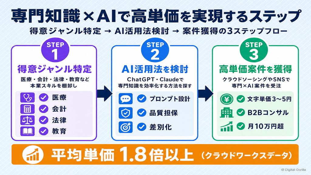 専門知識×AIで高単価を実現するステップ：得意ジャンル特定→AI活用法検討→案件獲得のフロー図