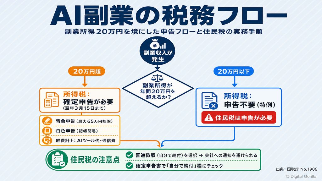 AI副業の税務フロー：所得20万円以下と以上で分岐する確定申告と住民税の実務手順