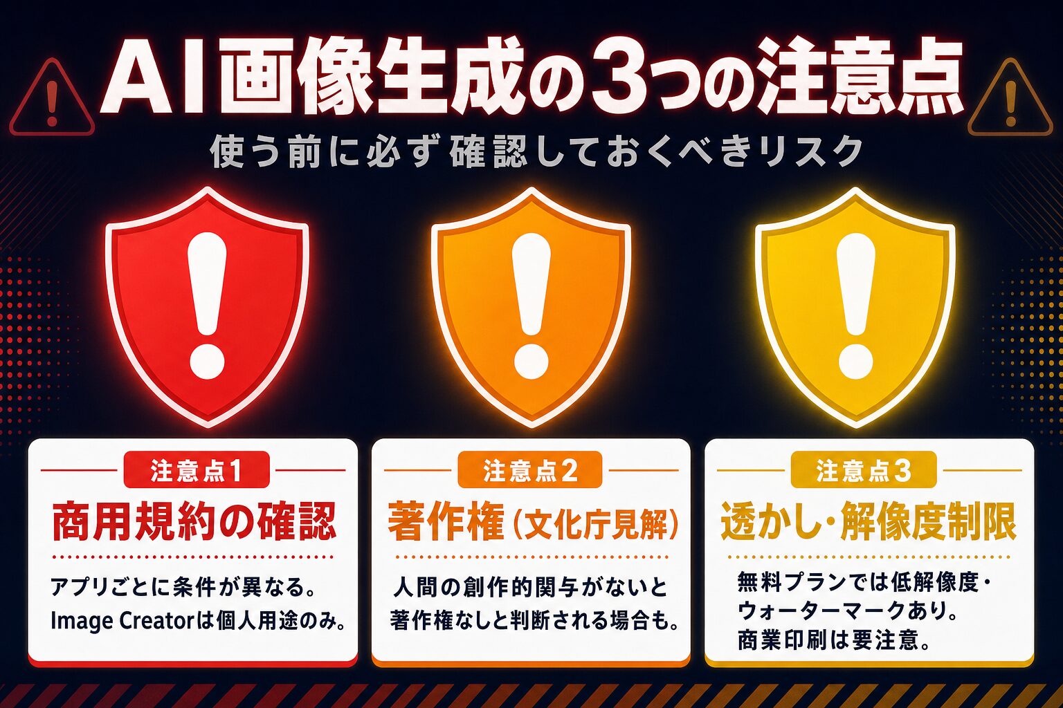 AI画像生成アプリ利用時の注意点:商用規約・著作権・透かし制限の3つのリスクを盾アイコンで警告図解
