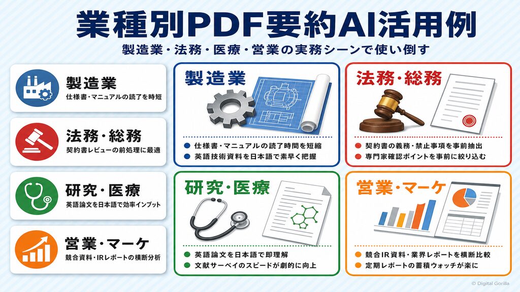 業種別PDF要約AI活用例｜製造業・法務・医療・営業の実務シーン別ユースケース