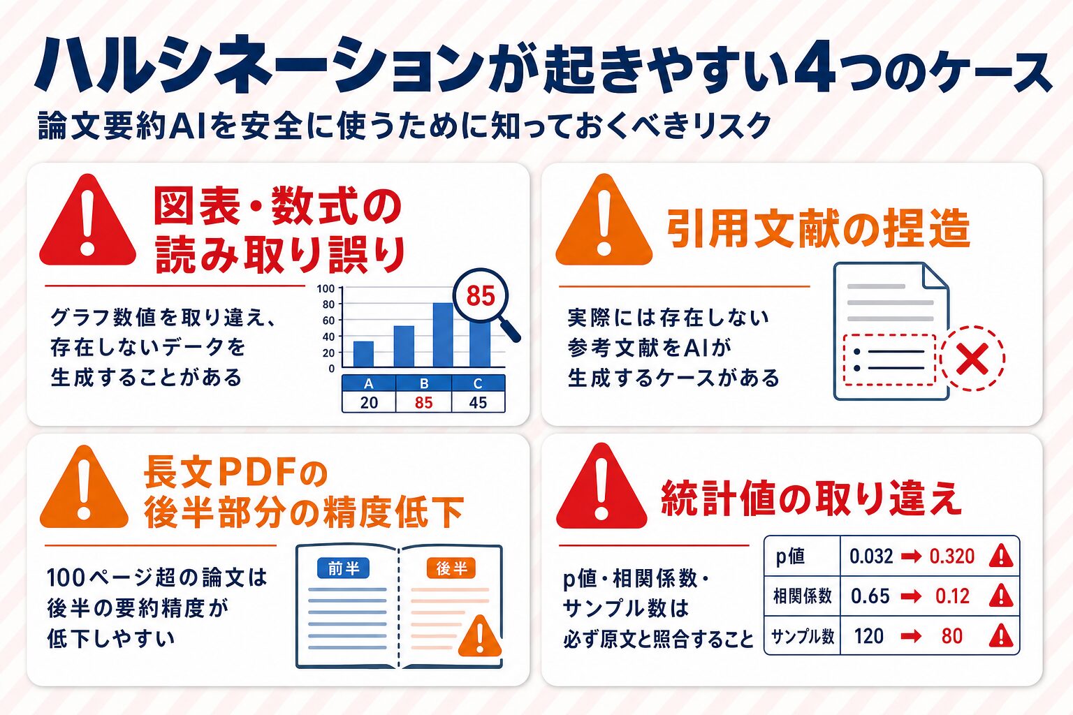 論文要約AIのハルシネーションが起きやすい4つのケース（図表誤読・引用捏造・長文劣化・統計値取り違え）と注意点