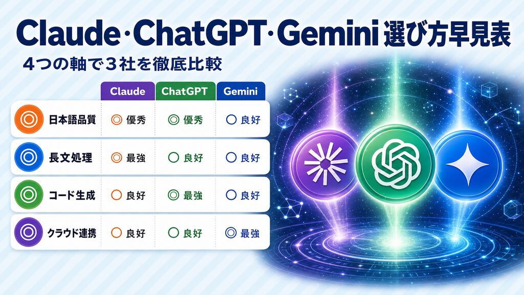 Claude・ChatGPT・Gemini 3社の得意領域と選び方早見表（日本語品質・長文処理・コード生成・クラウド連携の4軸比較）