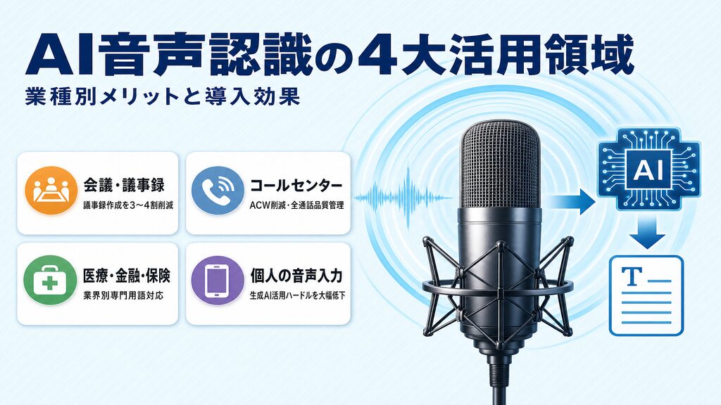AI音声認識の4大活用領域（会議・議事録、コールセンター、医療・金融・保険、個人の音声入力）の業種別メリット図解
