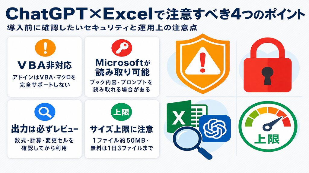ChatGPT×Excel使用時の注意点4つ(VBA非対応・読み取り可能性・出力レビュー・サイズ上限)