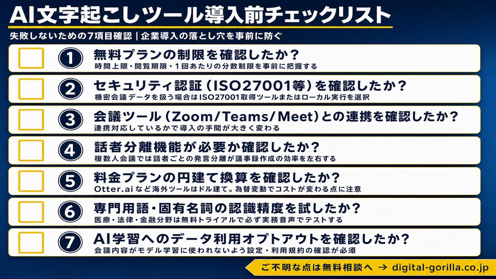 AI文字起こしツール導入前チェックリスト7項目