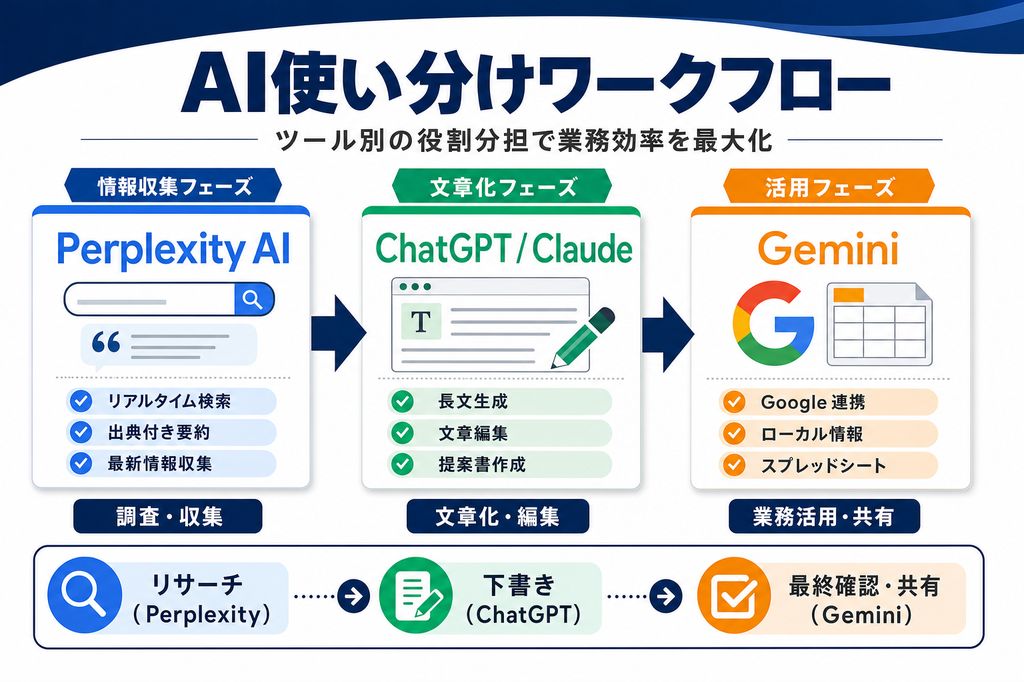 AI使い分けワークフロー(Perplexity情報収集→ChatGPT/Claude文章生成→Gemini活用の役割分担フロー)