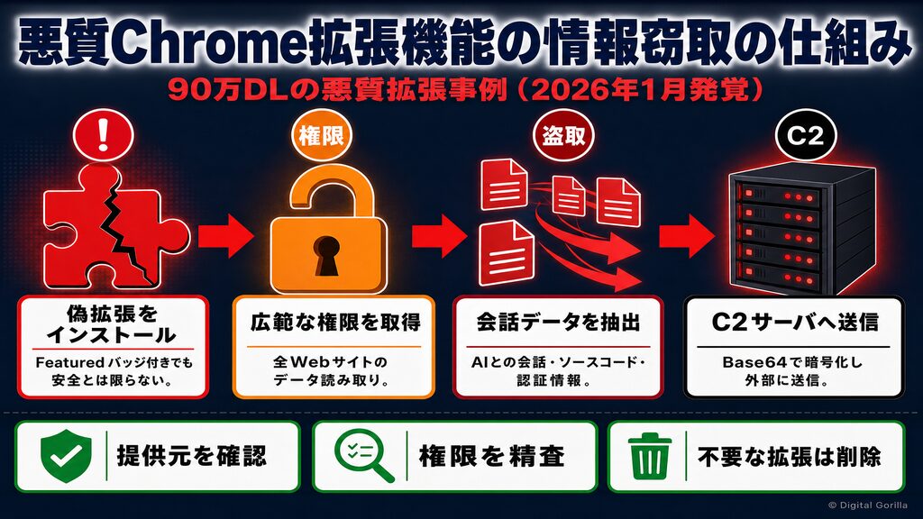 悪質Chrome拡張機能の情報窃取の仕組み(インストール・権限取得・会話データ抽出・C2サーバ送信のフロー)